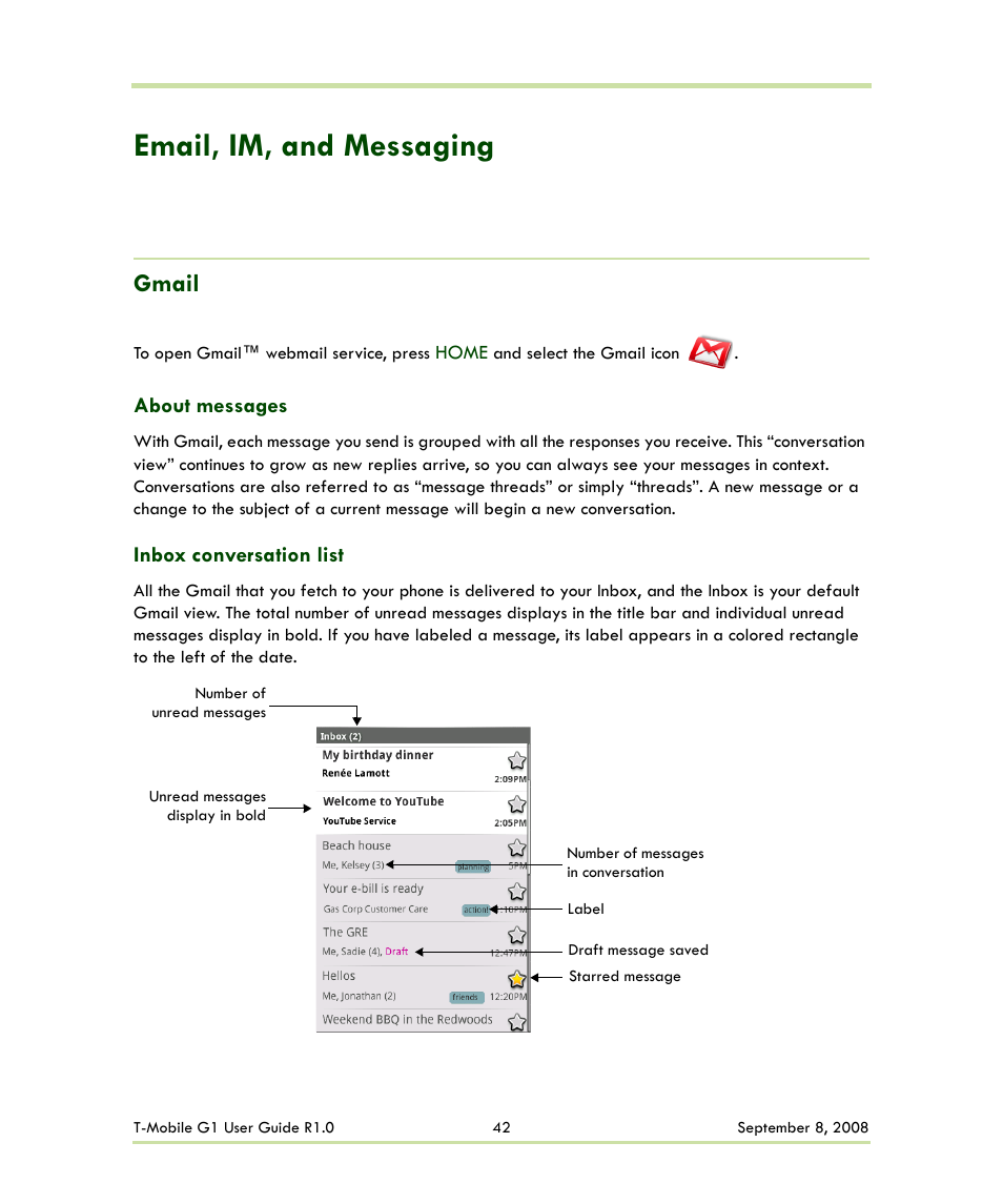 Email, im, and messaging, Gmail, About messages inbox conversation list | About messages, Inbox conversation list | HTC G1 User Manual | Page 42 / 141