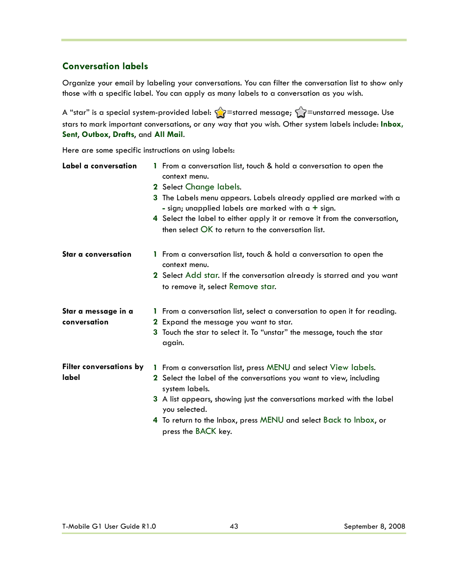 Conversation labels | HTC G1 User Manual | Page 43 / 141