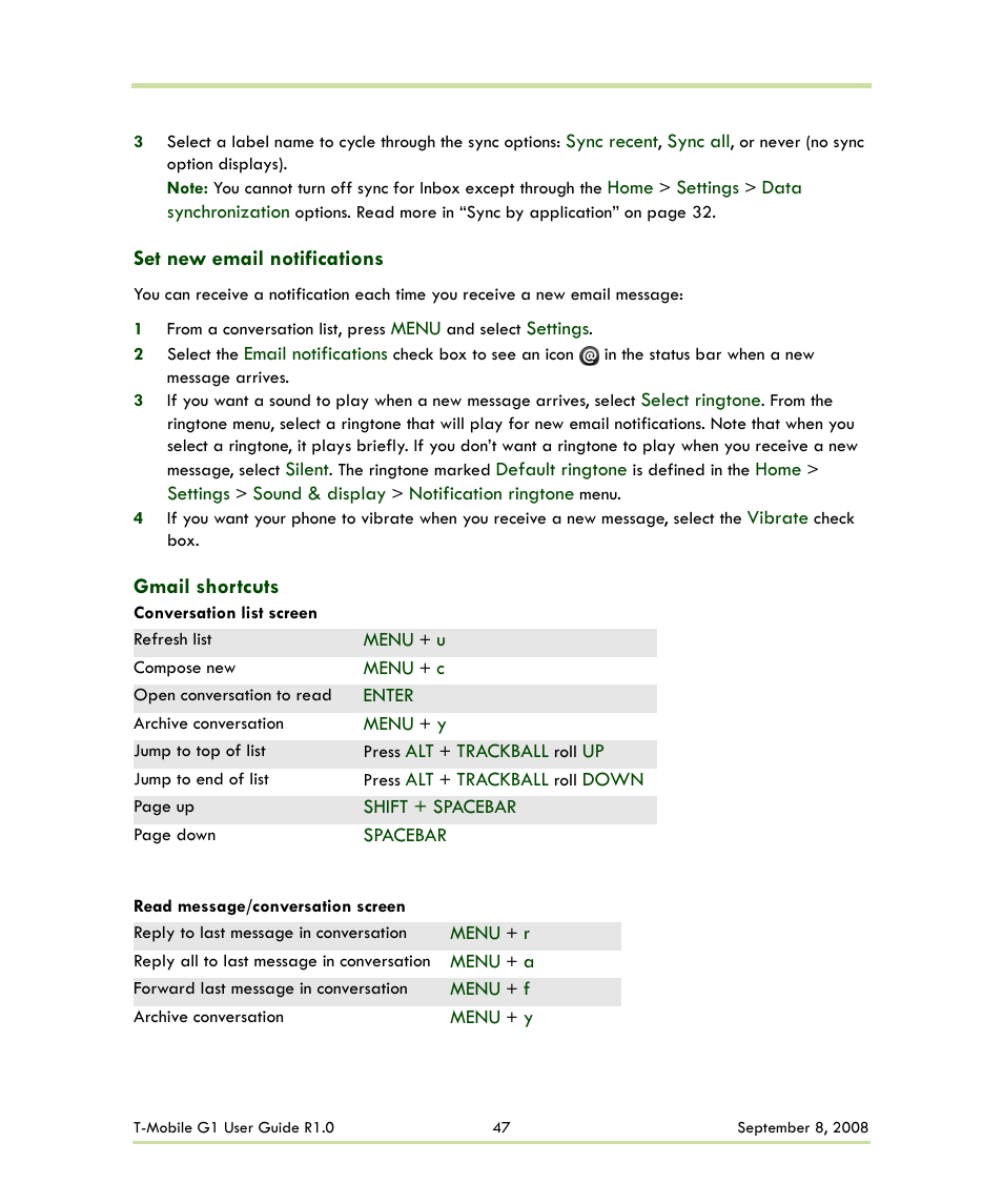 Set new email notifications gmail shortcuts | HTC G1 User Manual | Page 47 / 141