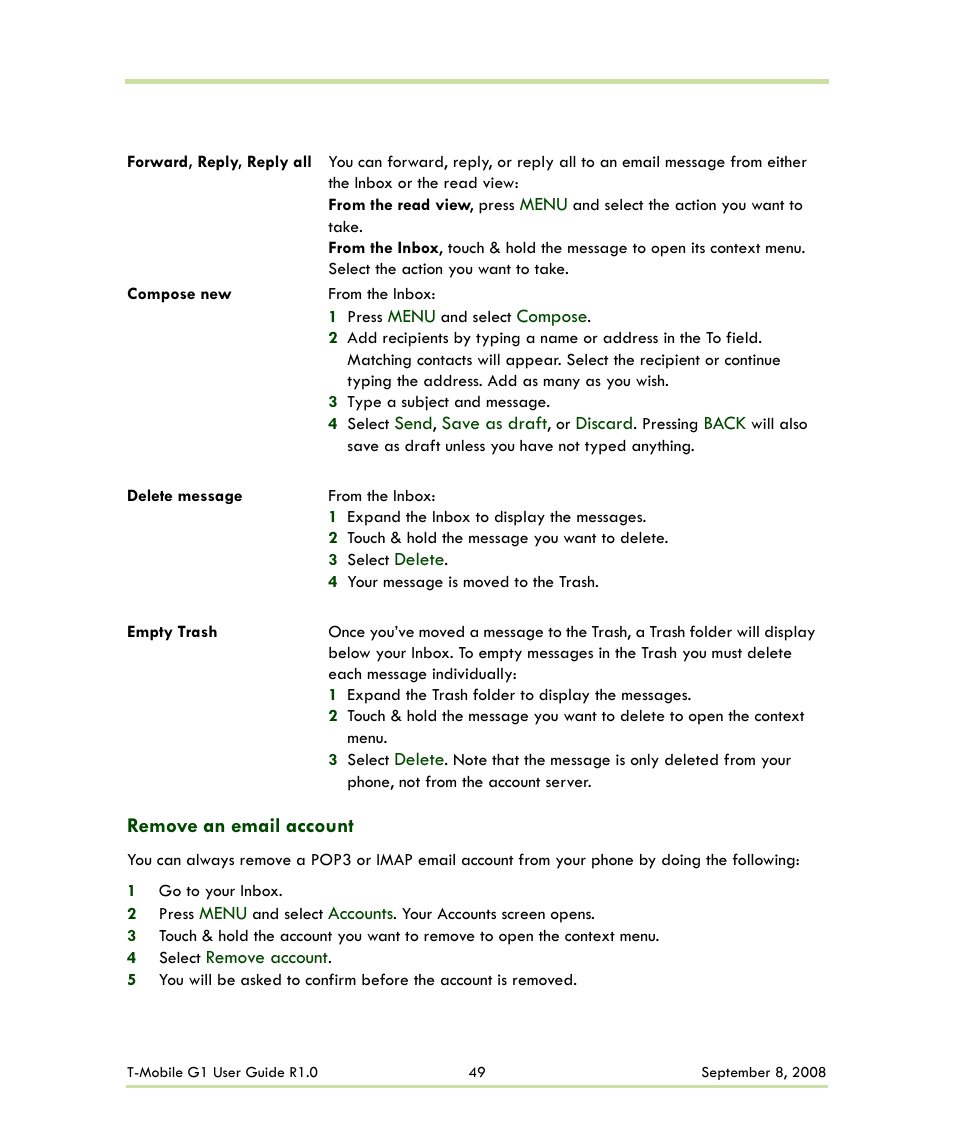 Remove an email account | HTC G1 User Manual | Page 49 / 141