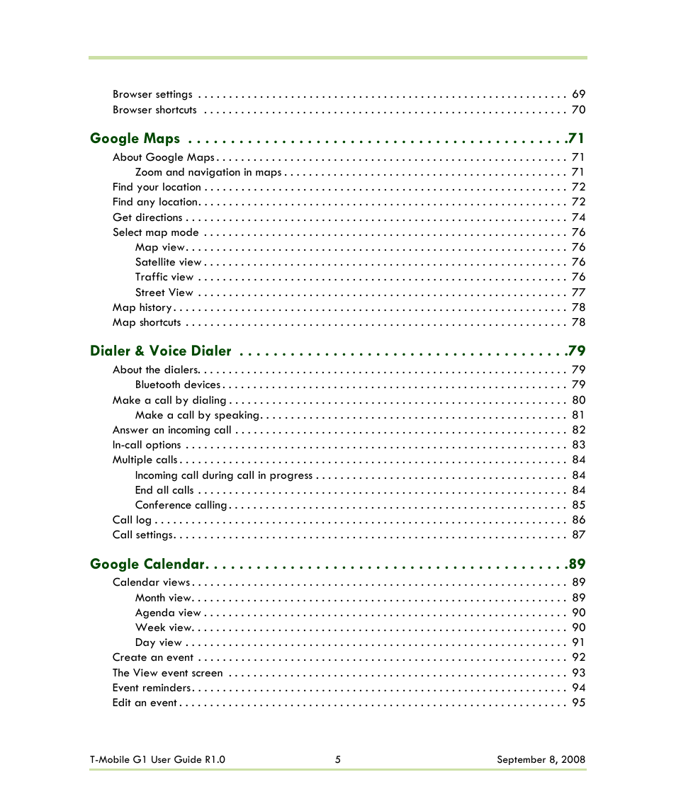 Google maps, Dialer & voice dialer, Google calendar | HTC G1 User Manual | Page 5 / 141