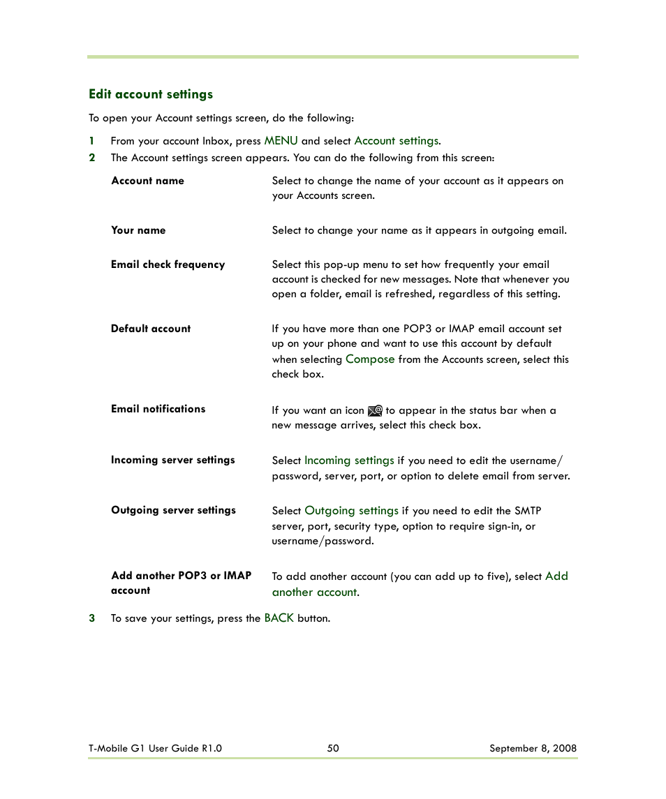 Edit account settings | HTC G1 User Manual | Page 50 / 141