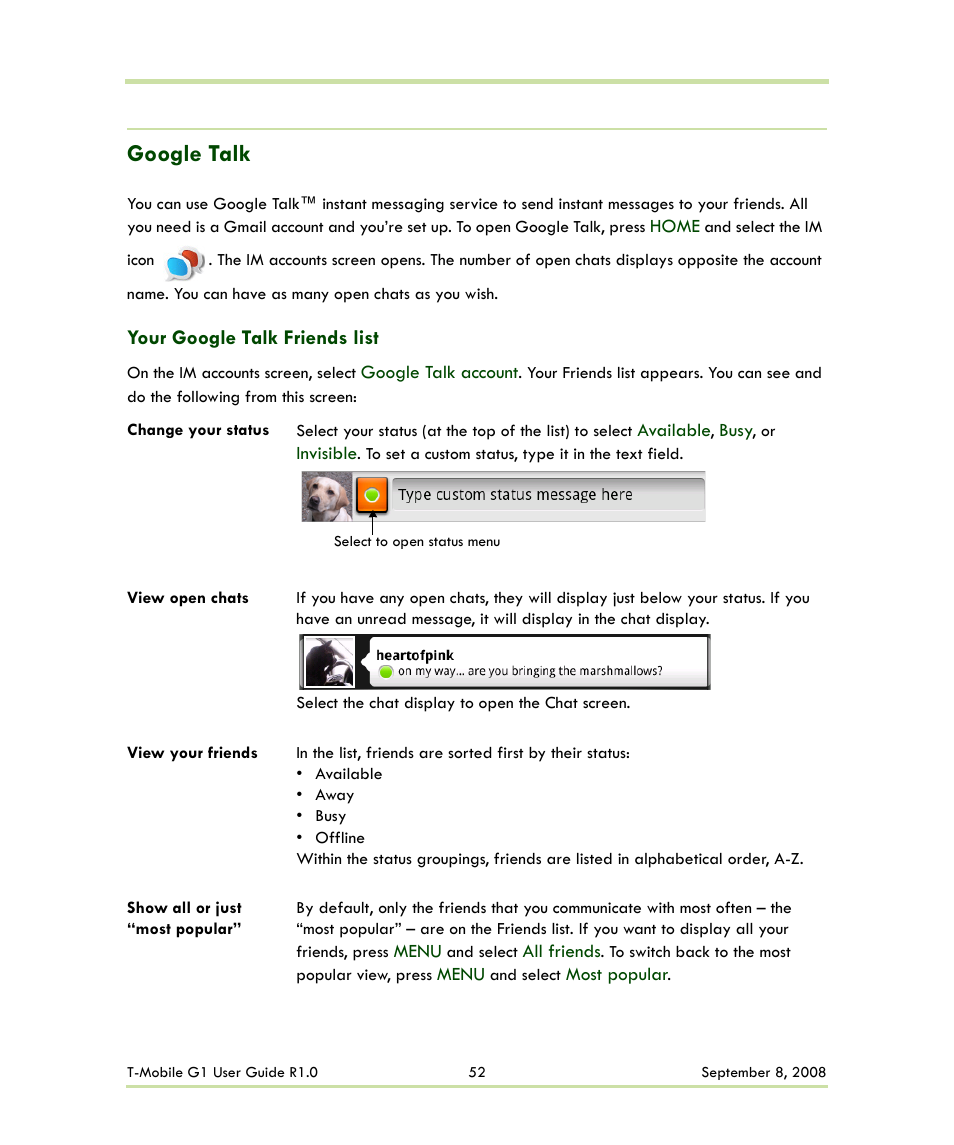 Google talk, Your google talk friends list | HTC G1 User Manual | Page 52 / 141