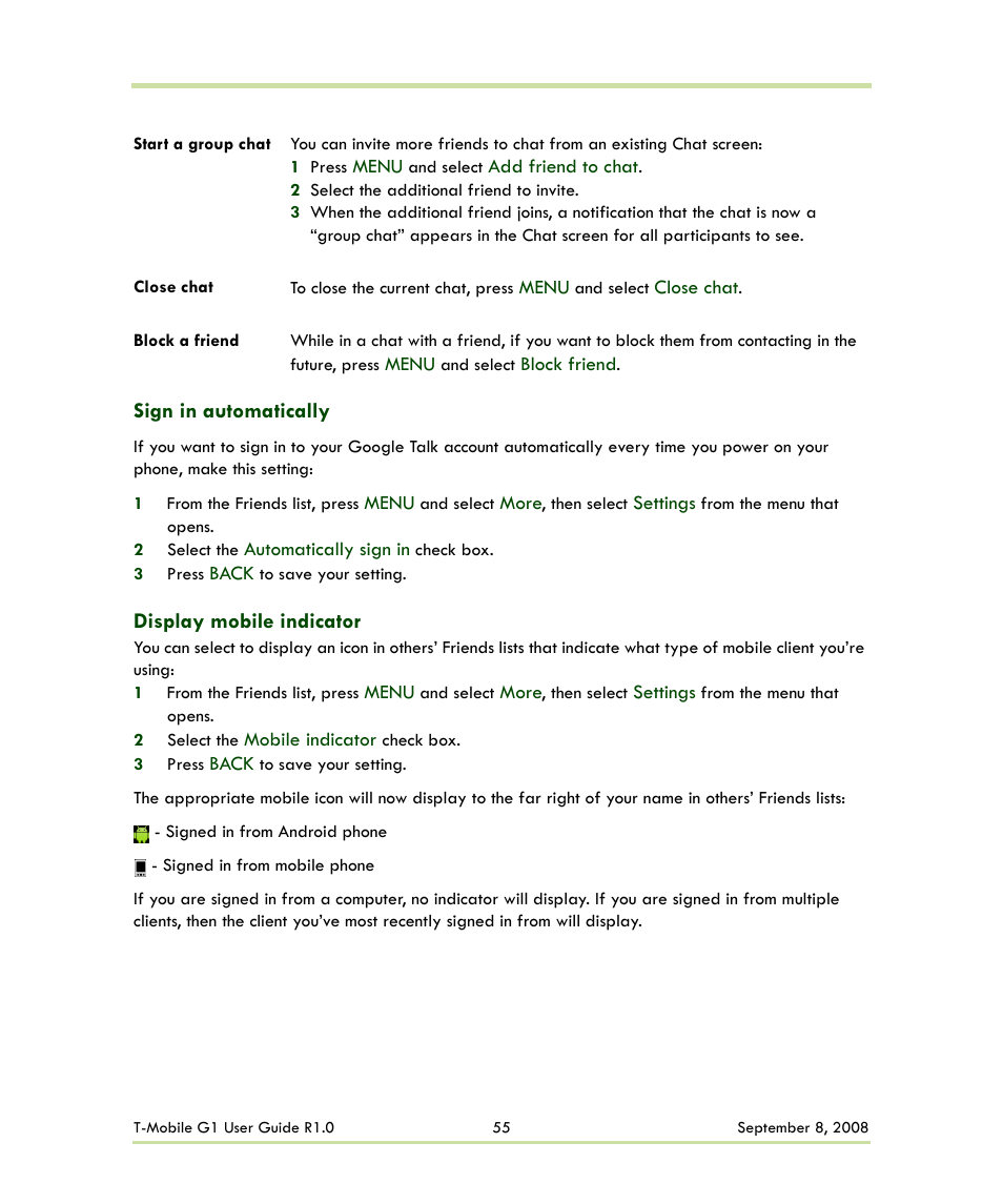 Sign in automatically display mobile indicator, Sign in automatically, Display mobile indicator | HTC G1 User Manual | Page 55 / 141
