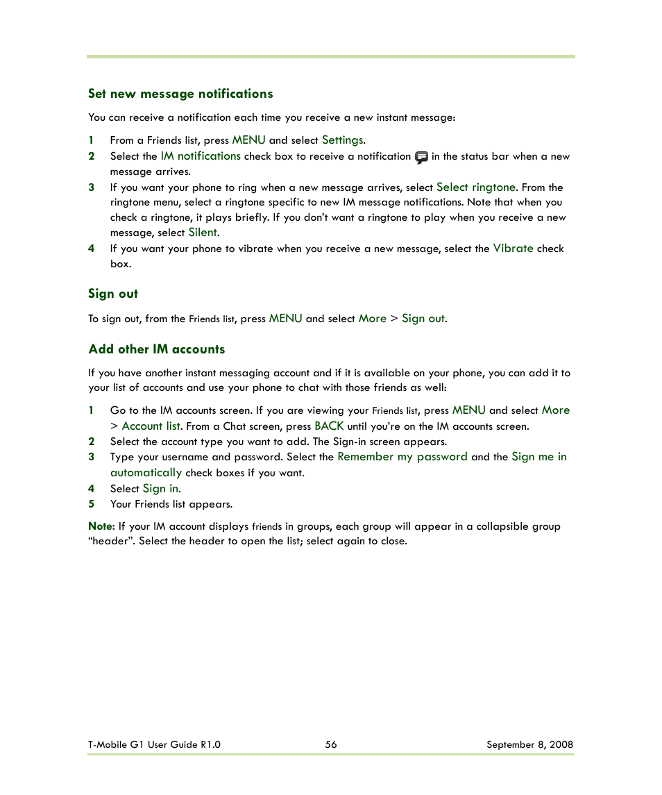 Set new message notifications, Sign out, Add other im accounts | HTC G1 User Manual | Page 56 / 141