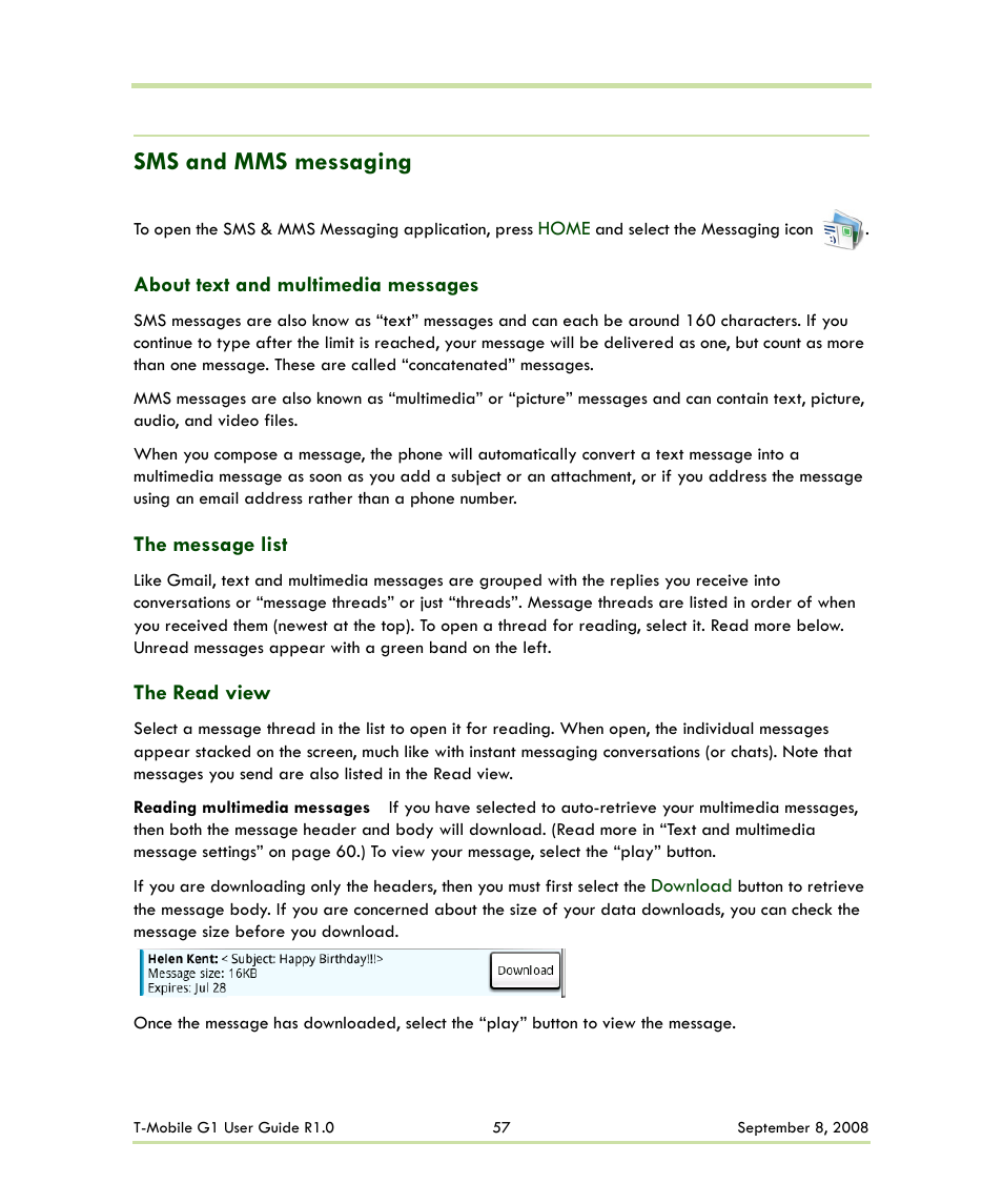 Sms and mms messaging | HTC G1 User Manual | Page 57 / 141