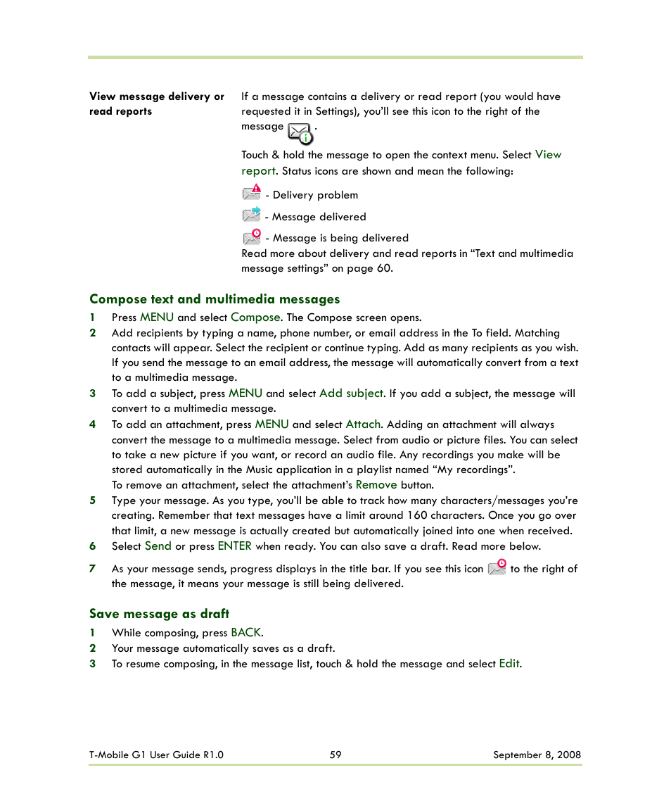 Compose text and multimedia messages, Save message as draft | HTC G1 User Manual | Page 59 / 141