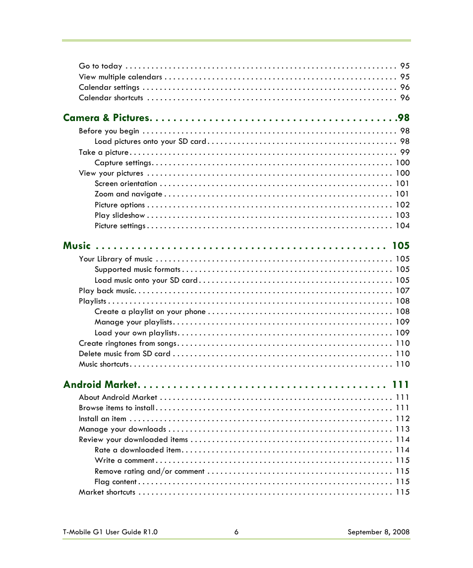 Camera & pictures, Music, Android market | HTC G1 User Manual | Page 6 / 141