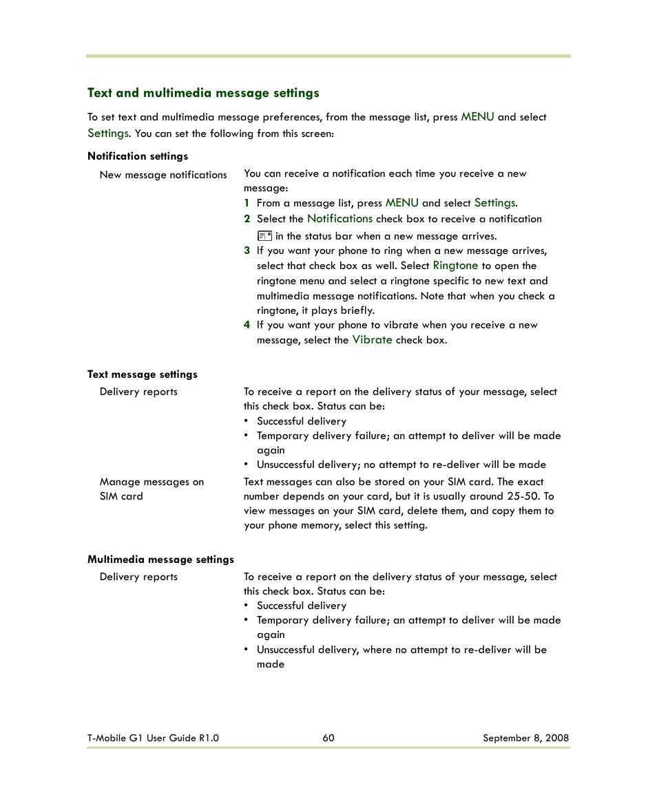 Text and multimedia message settings | HTC G1 User Manual | Page 60 / 141