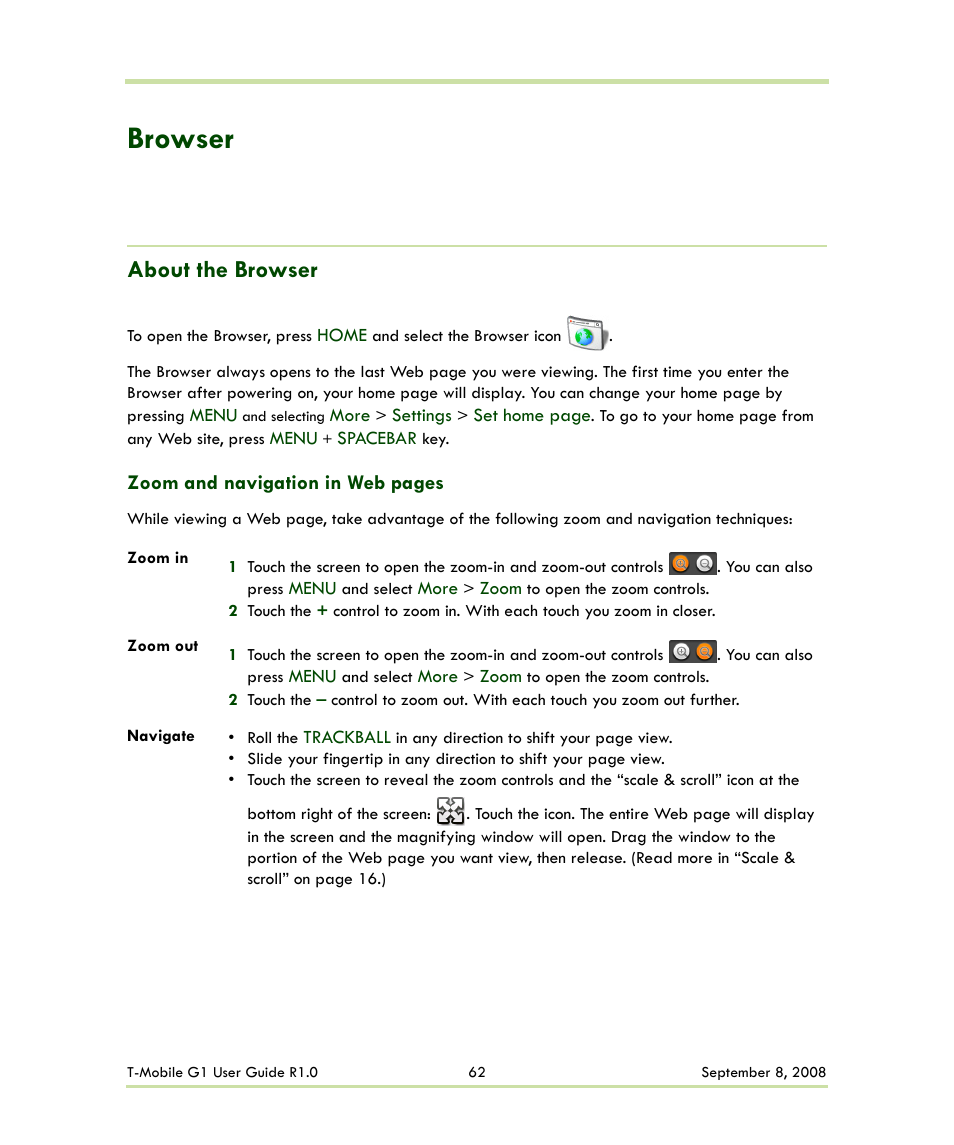 Browser, About the browser | HTC G1 User Manual | Page 62 / 141