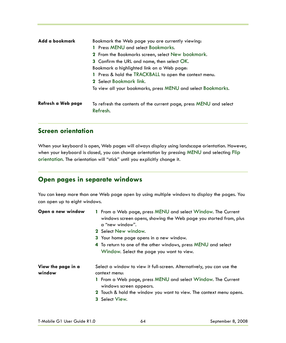 Screen orientation, Open pages in separate windows | HTC G1 User Manual | Page 64 / 141