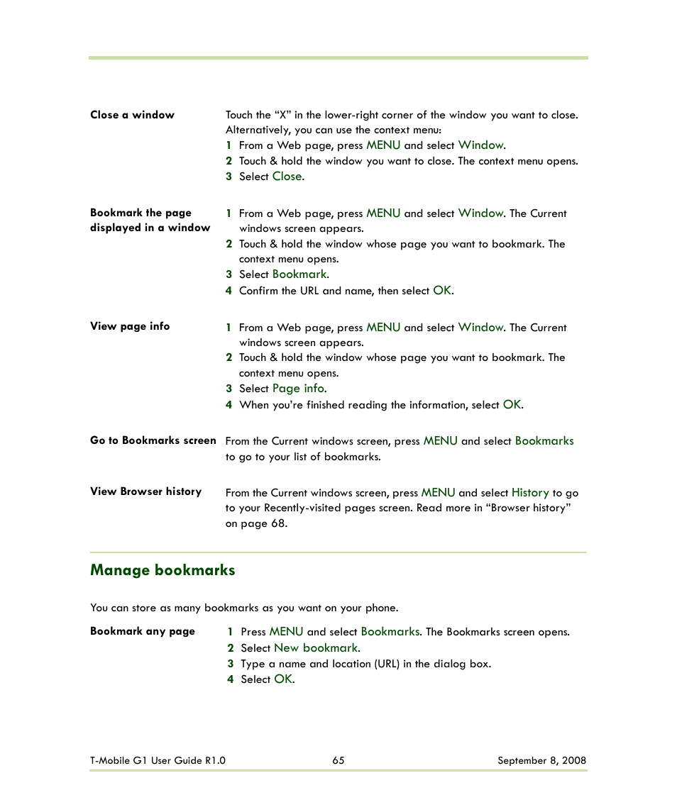 Manage bookmarks | HTC G1 User Manual | Page 65 / 141