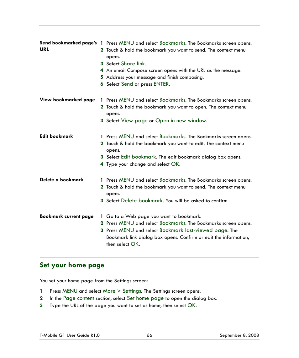Set your home page | HTC G1 User Manual | Page 66 / 141