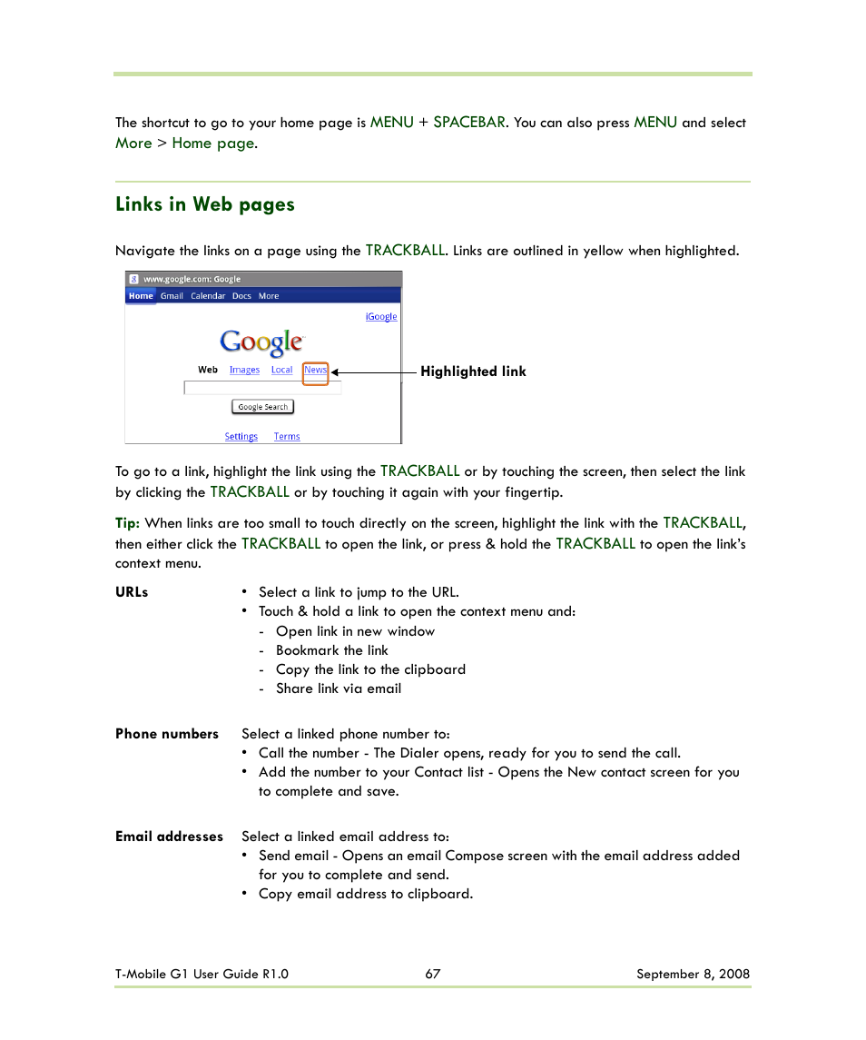 Links in web pages | HTC G1 User Manual | Page 67 / 141