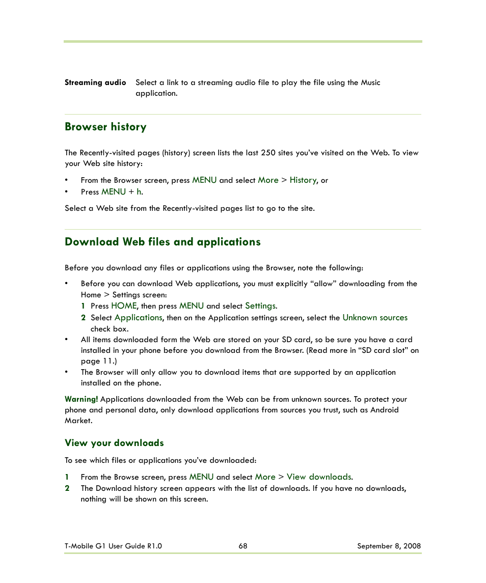 View your downloads, Browser history, Download web files and applications | HTC G1 User Manual | Page 68 / 141