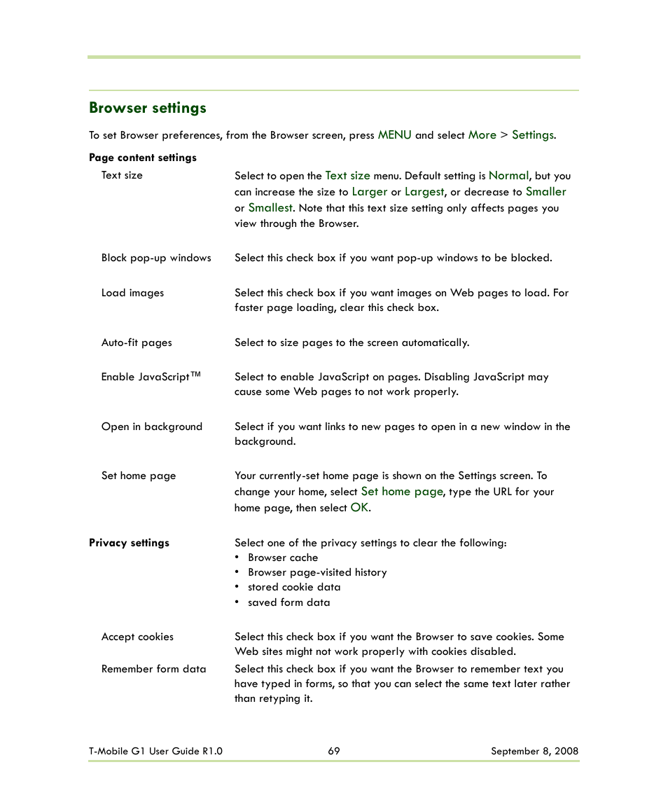 Browser settings | HTC G1 User Manual | Page 69 / 141