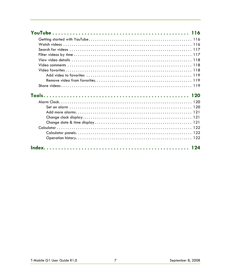 Youtube, Tools, Index | HTC G1 User Manual | Page 7 / 141