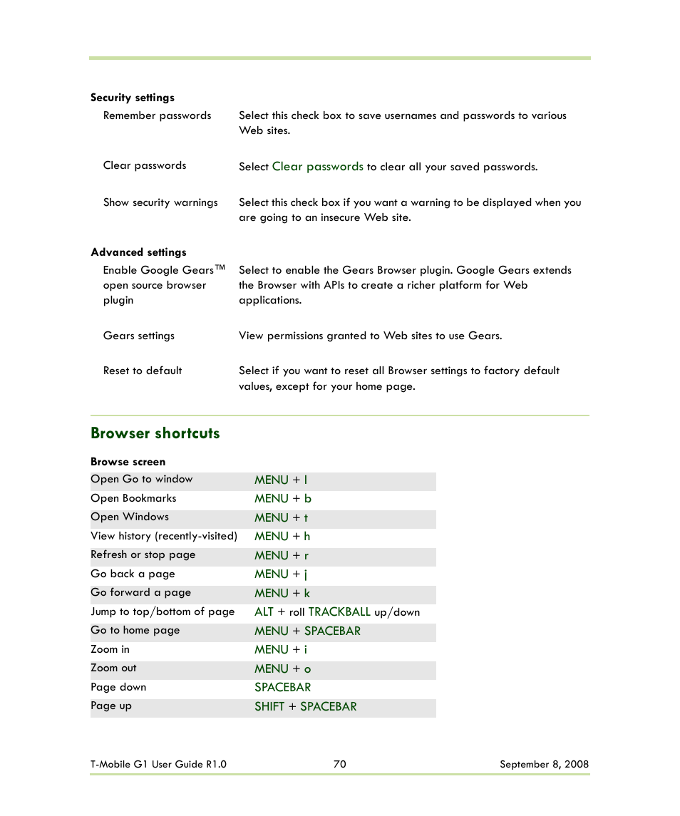 Browser shortcuts | HTC G1 User Manual | Page 70 / 141