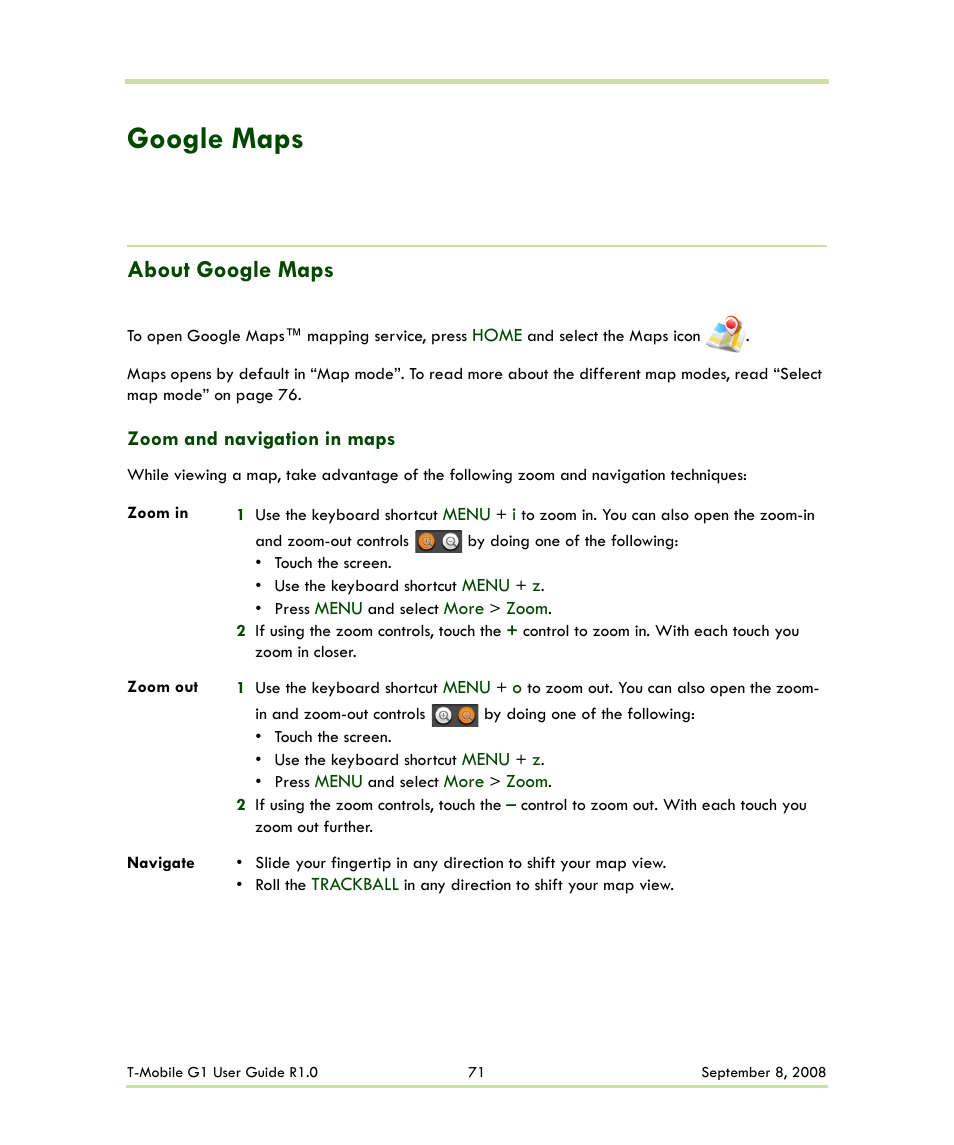 Google maps, About google maps, Zoom and navigation in maps | HTC G1 User Manual | Page 71 / 141