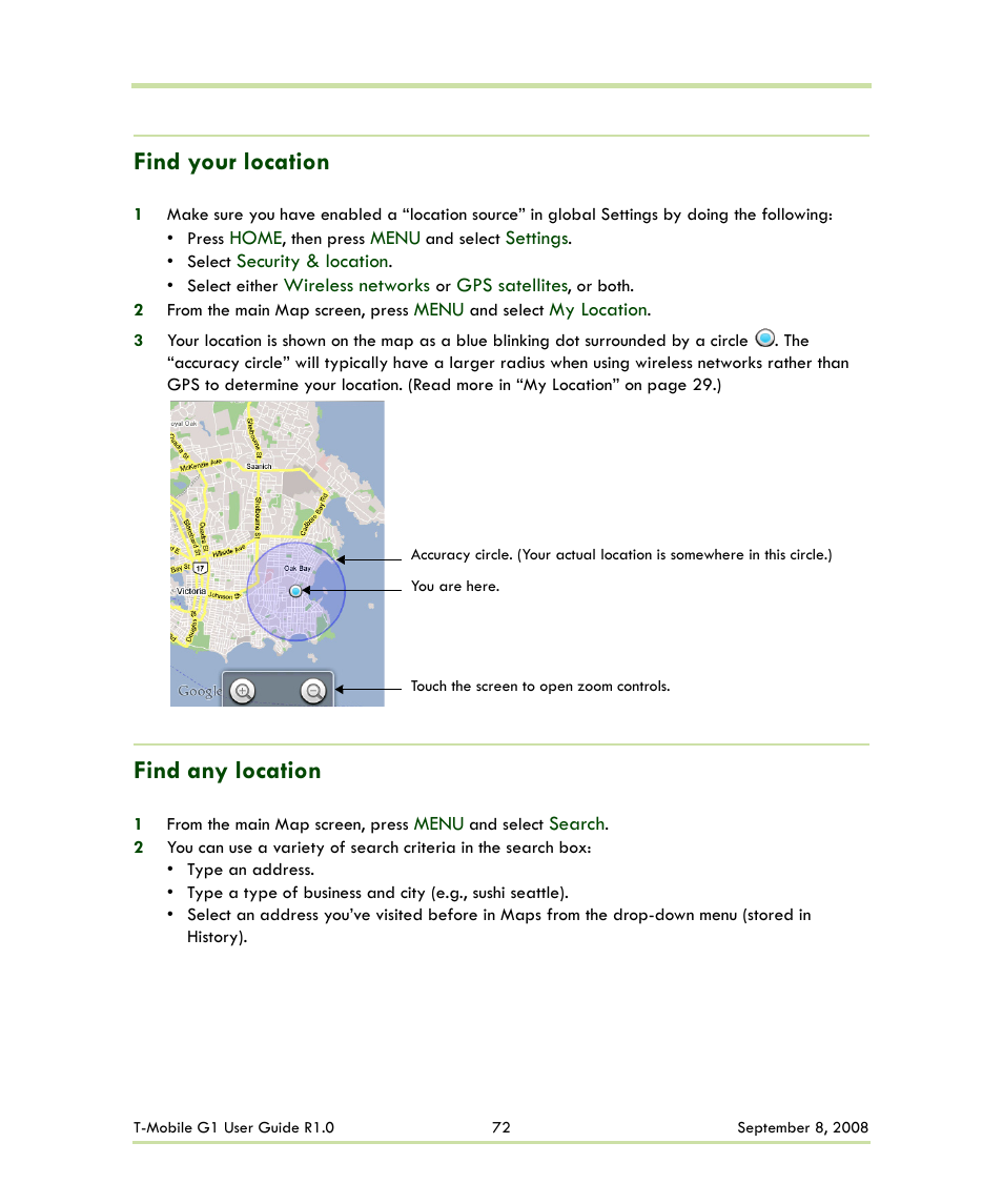Find your location find any location, Find your location, Find any location | HTC G1 User Manual | Page 72 / 141