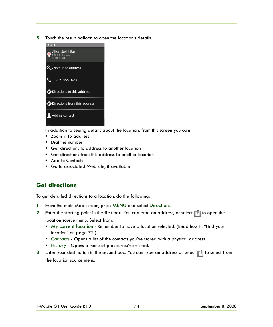 Get directions | HTC G1 User Manual | Page 74 / 141