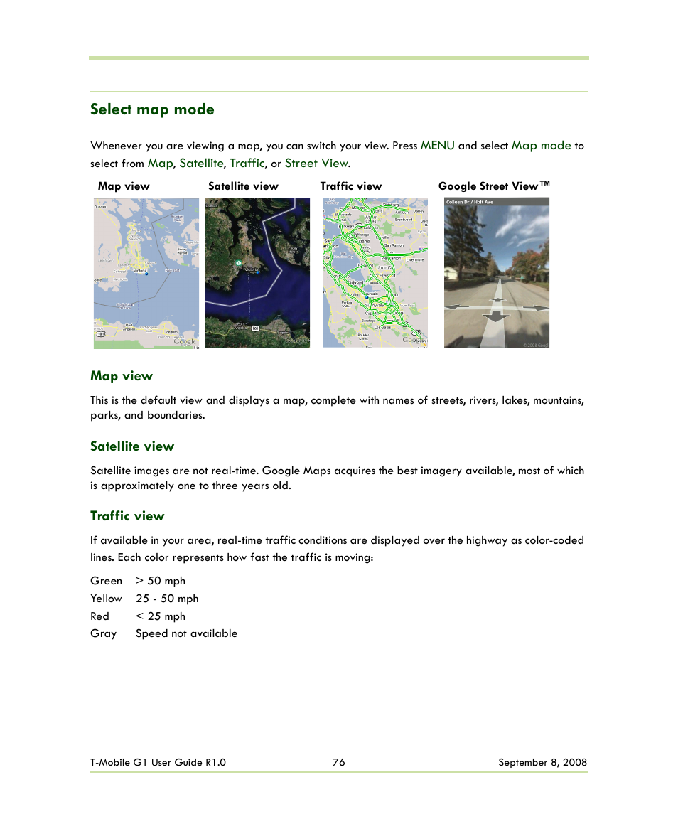 Select map mode, Map view satellite view traffic view | HTC G1 User Manual | Page 76 / 141
