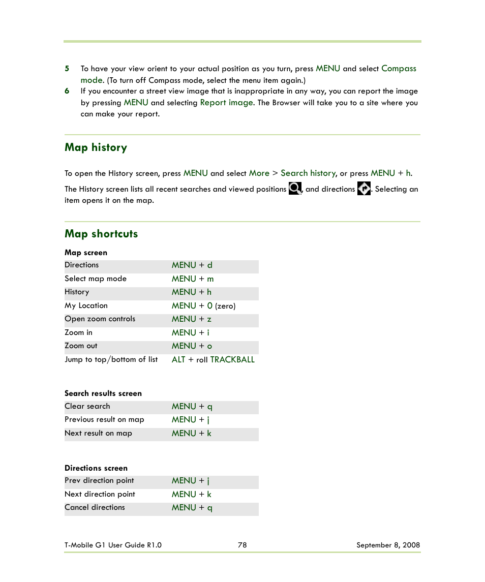 Map history map shortcuts, Map history, Map shortcuts | HTC G1 User Manual | Page 78 / 141