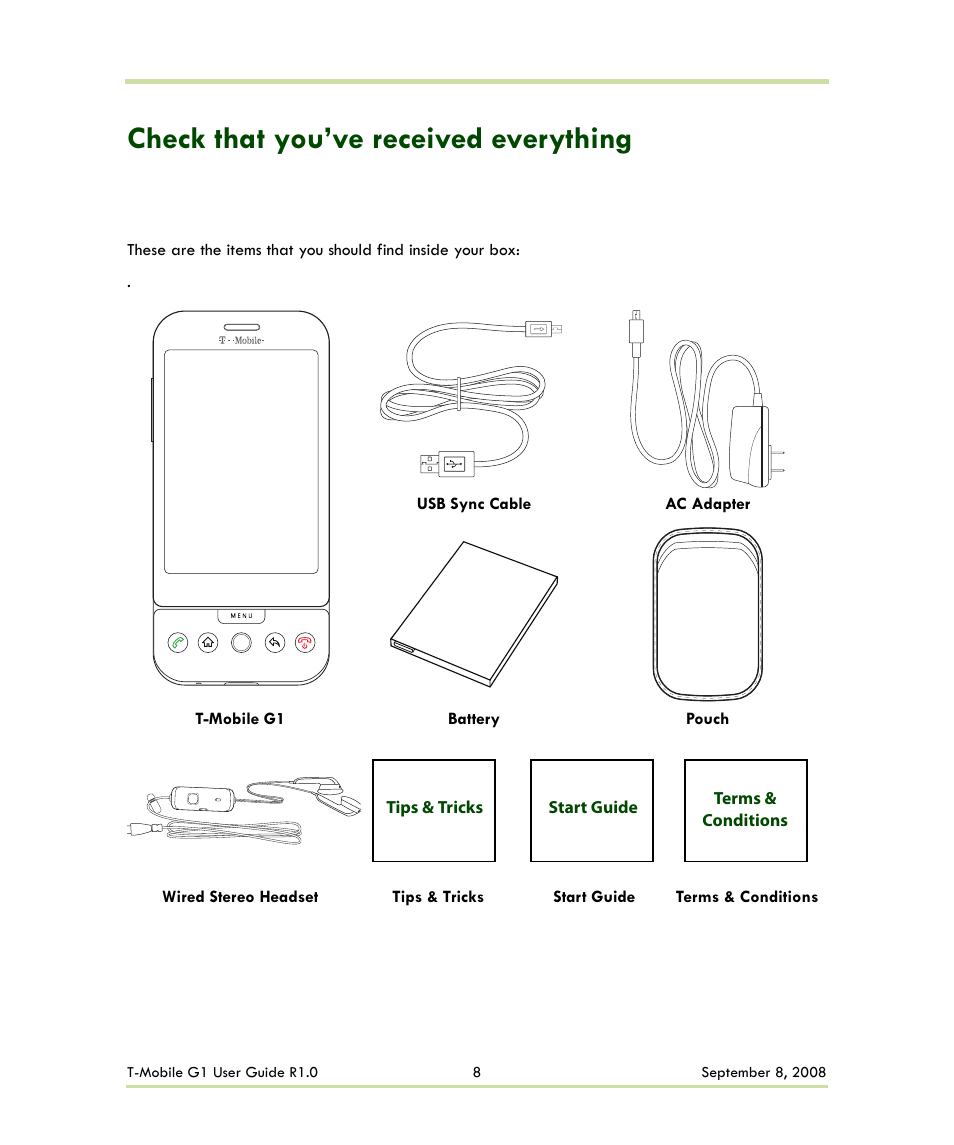 Check that you’ve received everything | HTC G1 User Manual | Page 8 / 141