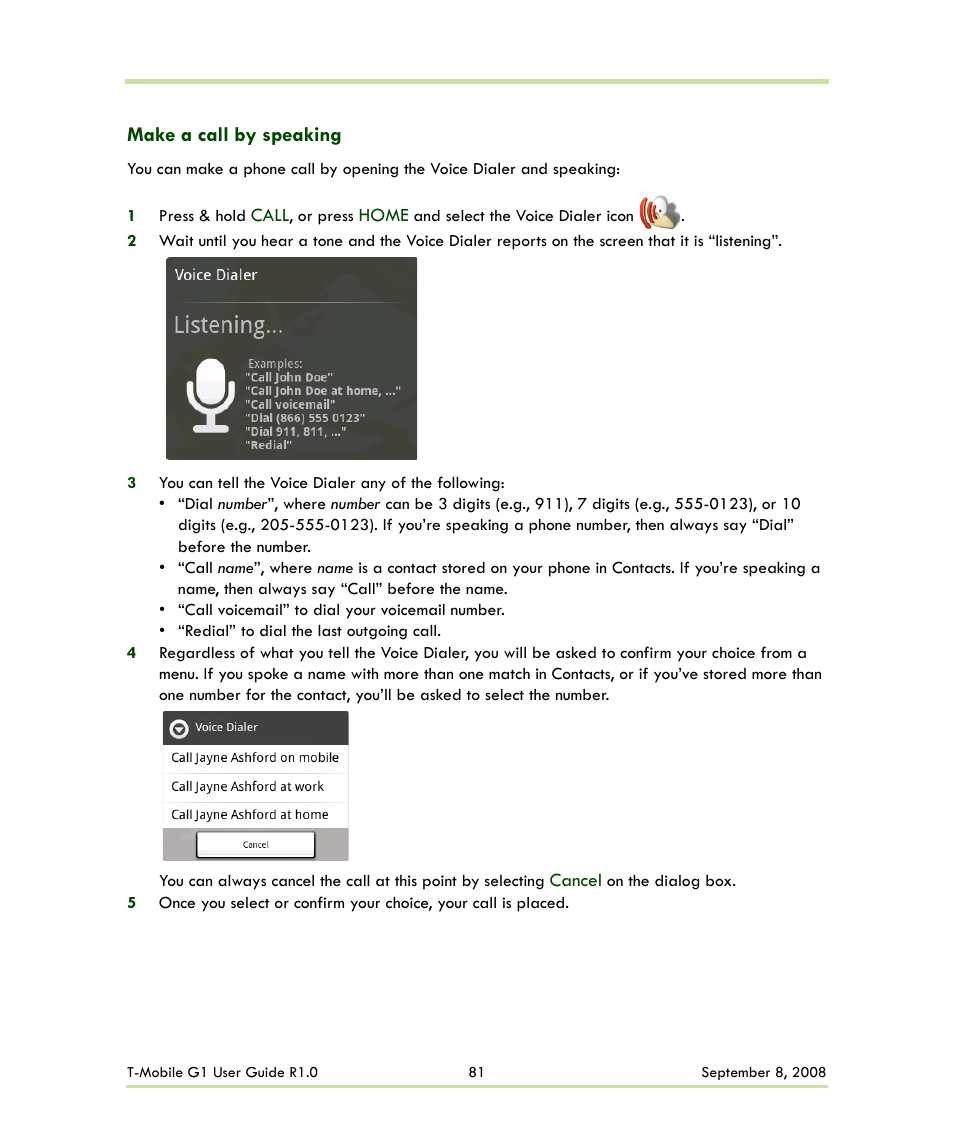 Make a call by speaking | HTC G1 User Manual | Page 81 / 141