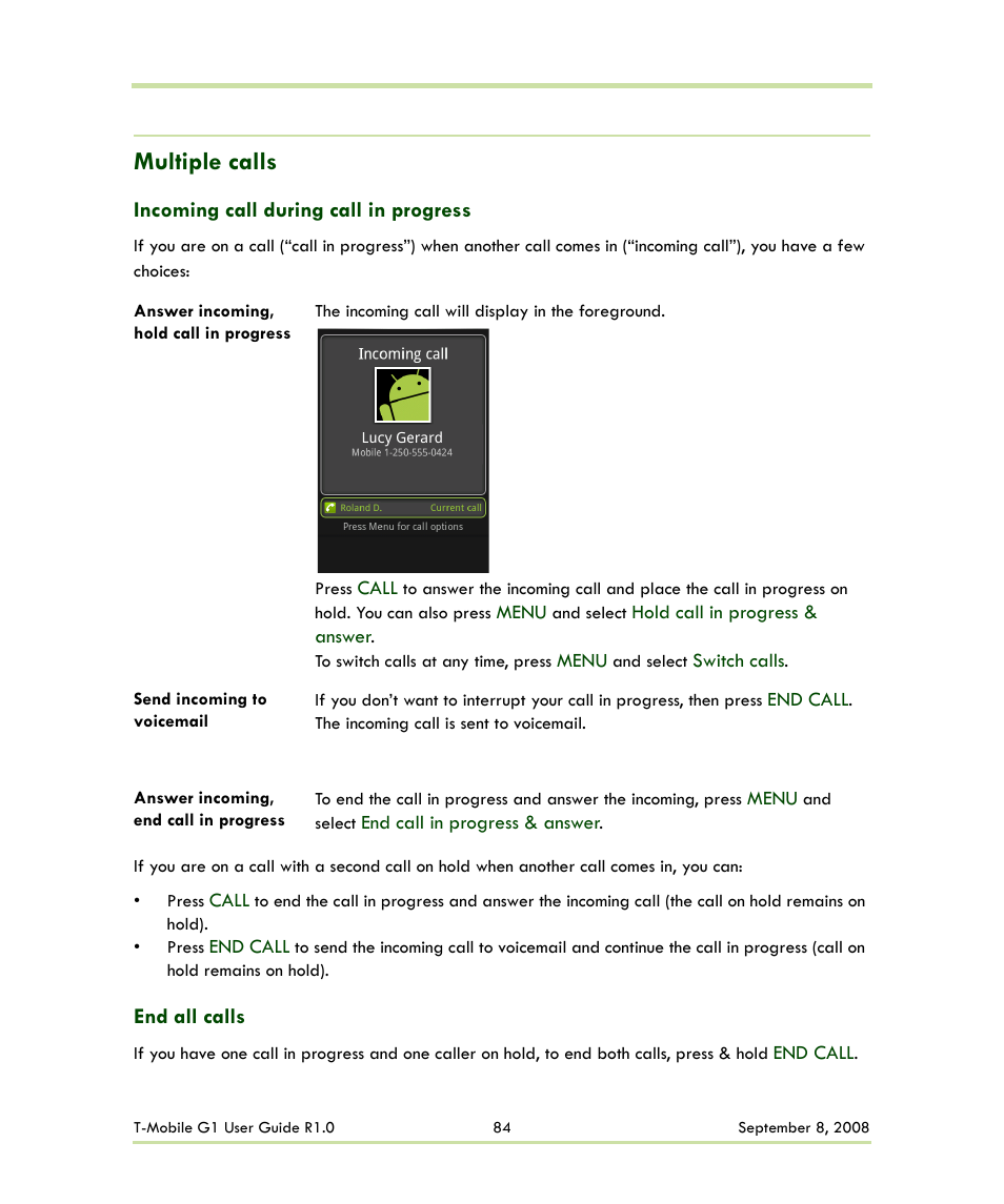 Multiple calls | HTC G1 User Manual | Page 84 / 141