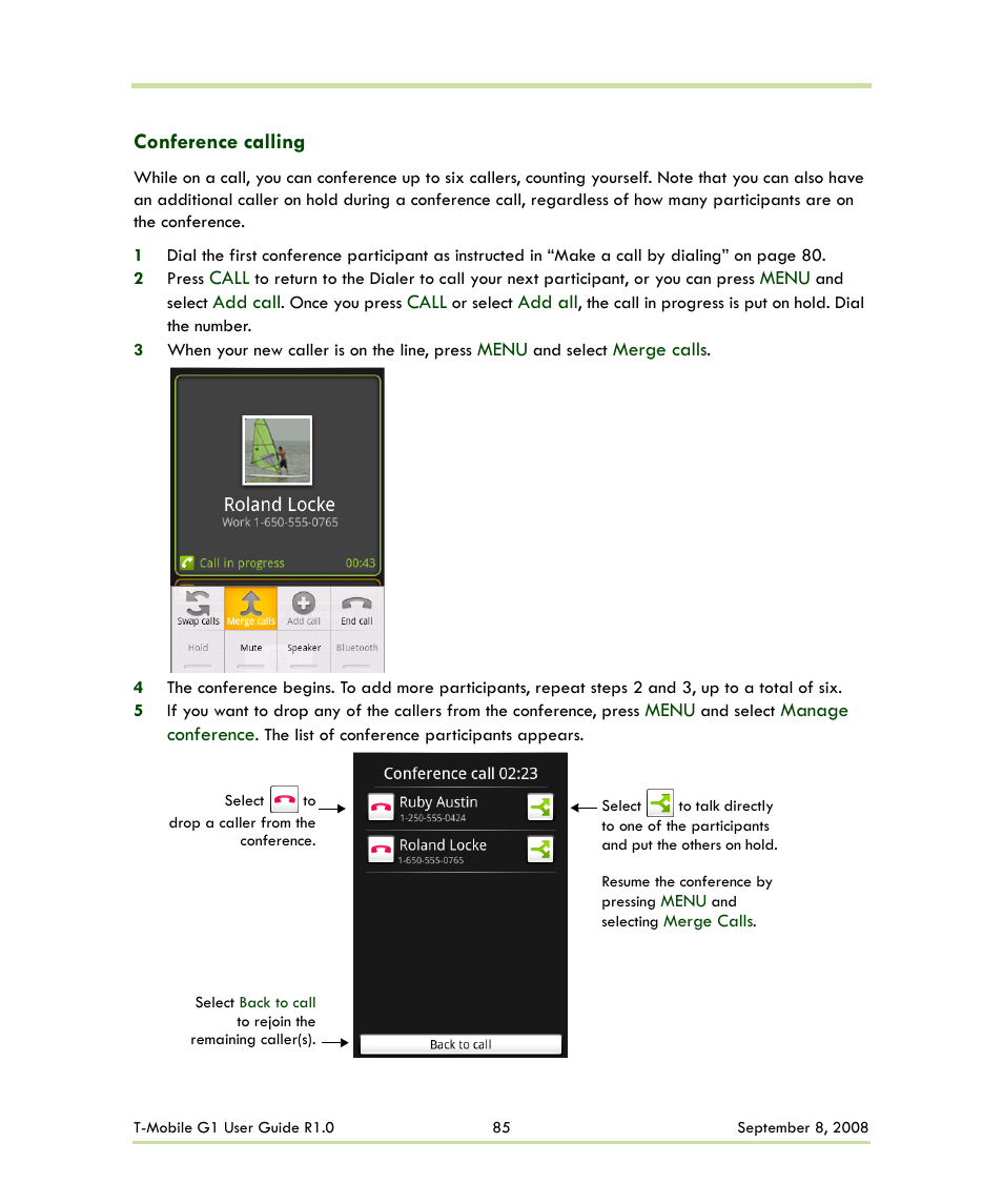 Conference calling | HTC G1 User Manual | Page 85 / 141