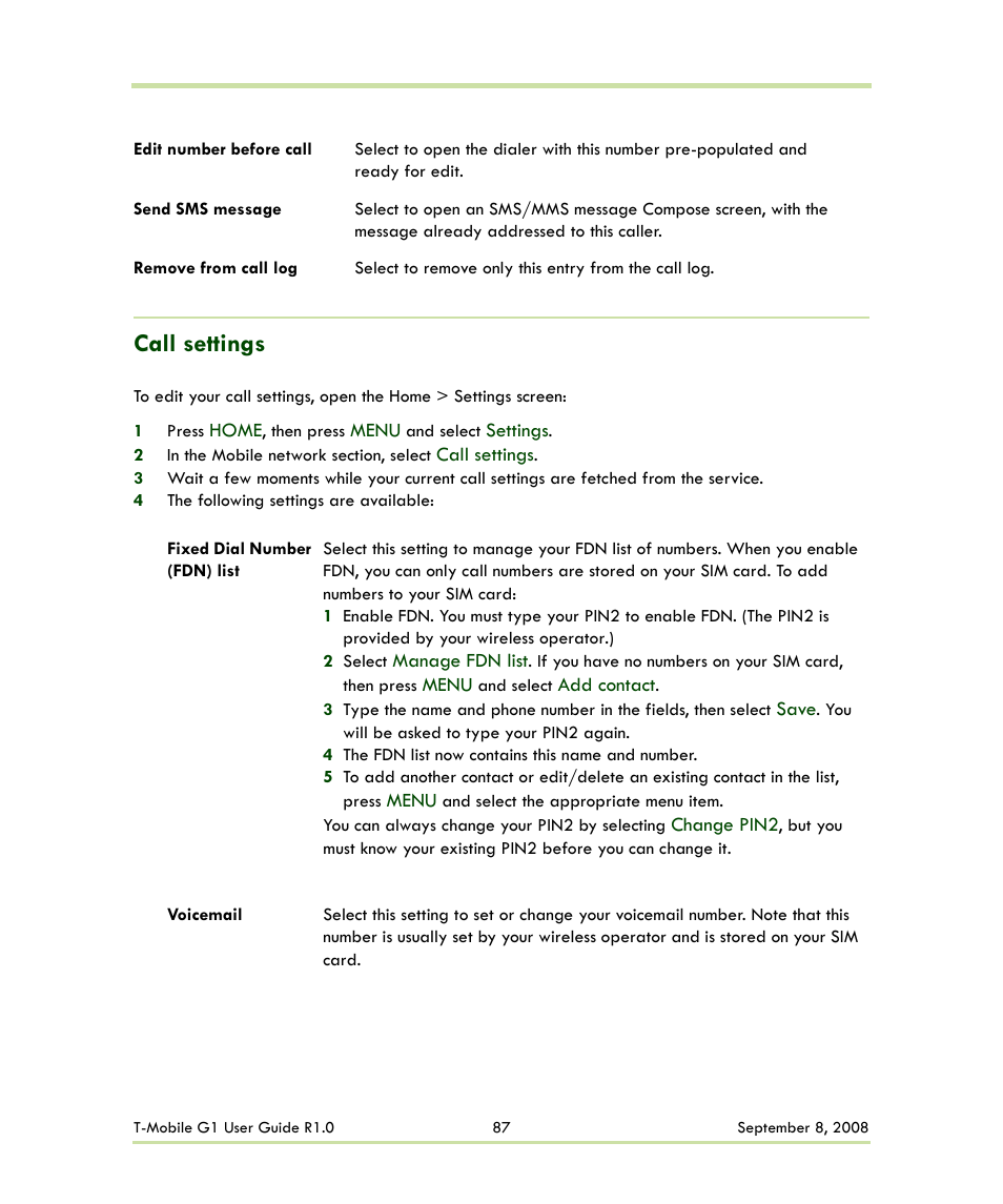 Call settings, Ad more in “call | HTC G1 User Manual | Page 87 / 141