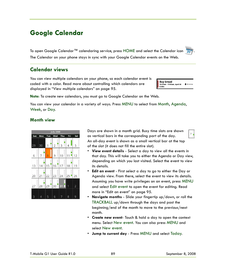 Google calendar, Calendar views, Month view | HTC G1 User Manual | Page 89 / 141