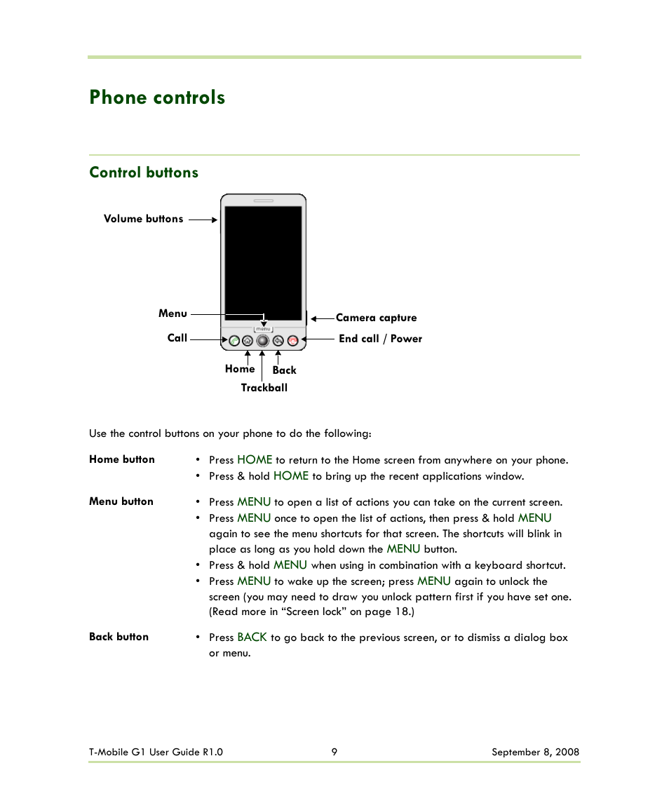 Phone controls, Control buttons | HTC G1 User Manual | Page 9 / 141
