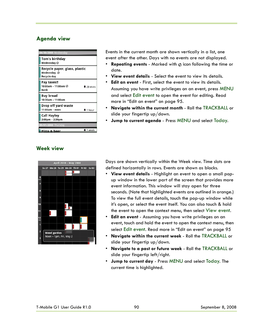 Agenda view week view | HTC G1 User Manual | Page 90 / 141