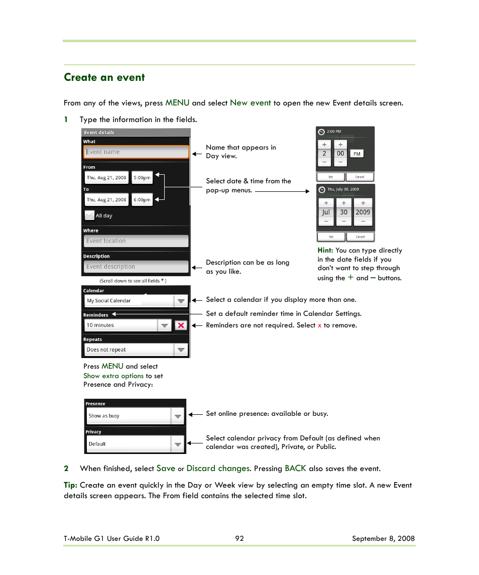 Create an event | HTC G1 User Manual | Page 92 / 141