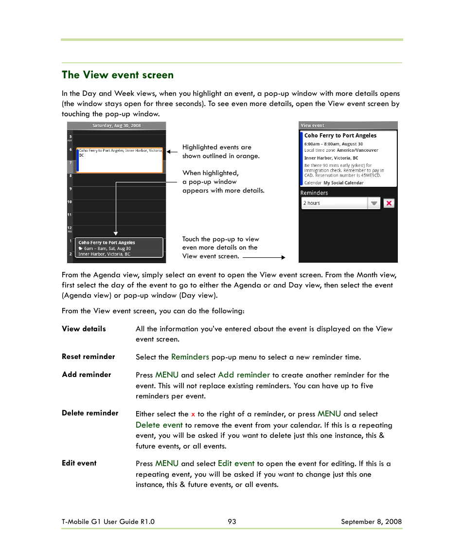 The view event screen | HTC G1 User Manual | Page 93 / 141