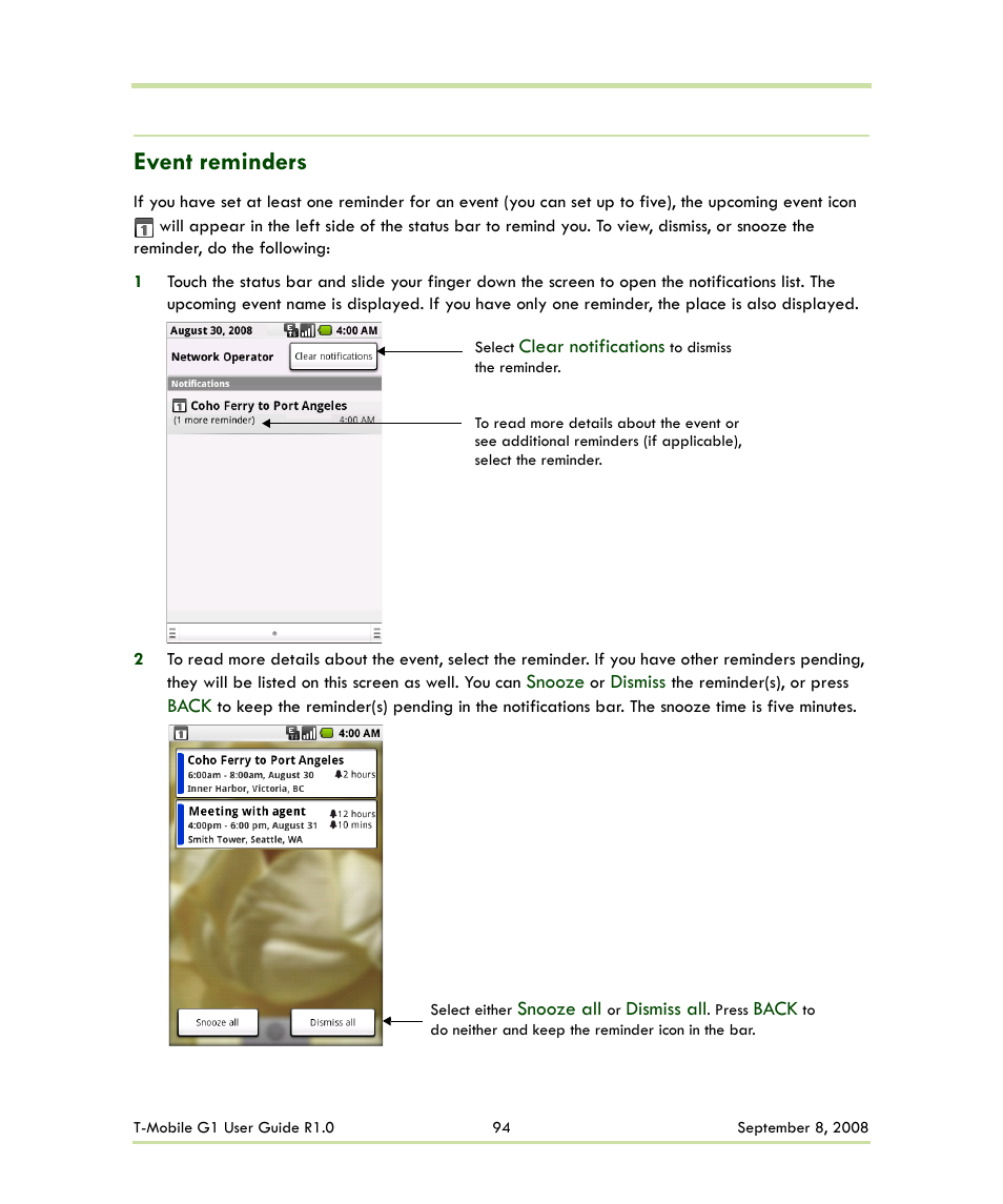 Event reminders | HTC G1 User Manual | Page 94 / 141