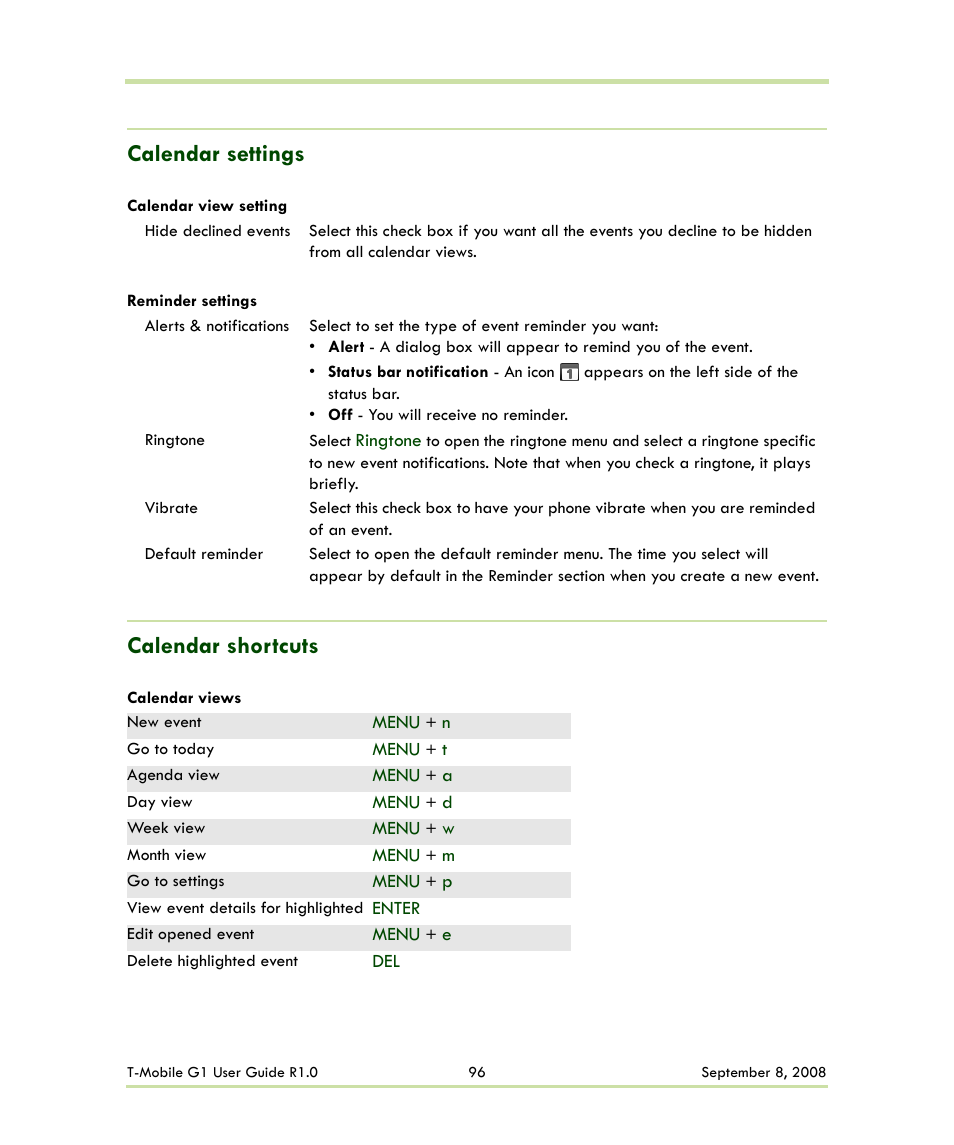 Calendar settings calendar shortcuts | HTC G1 User Manual | Page 96 / 141