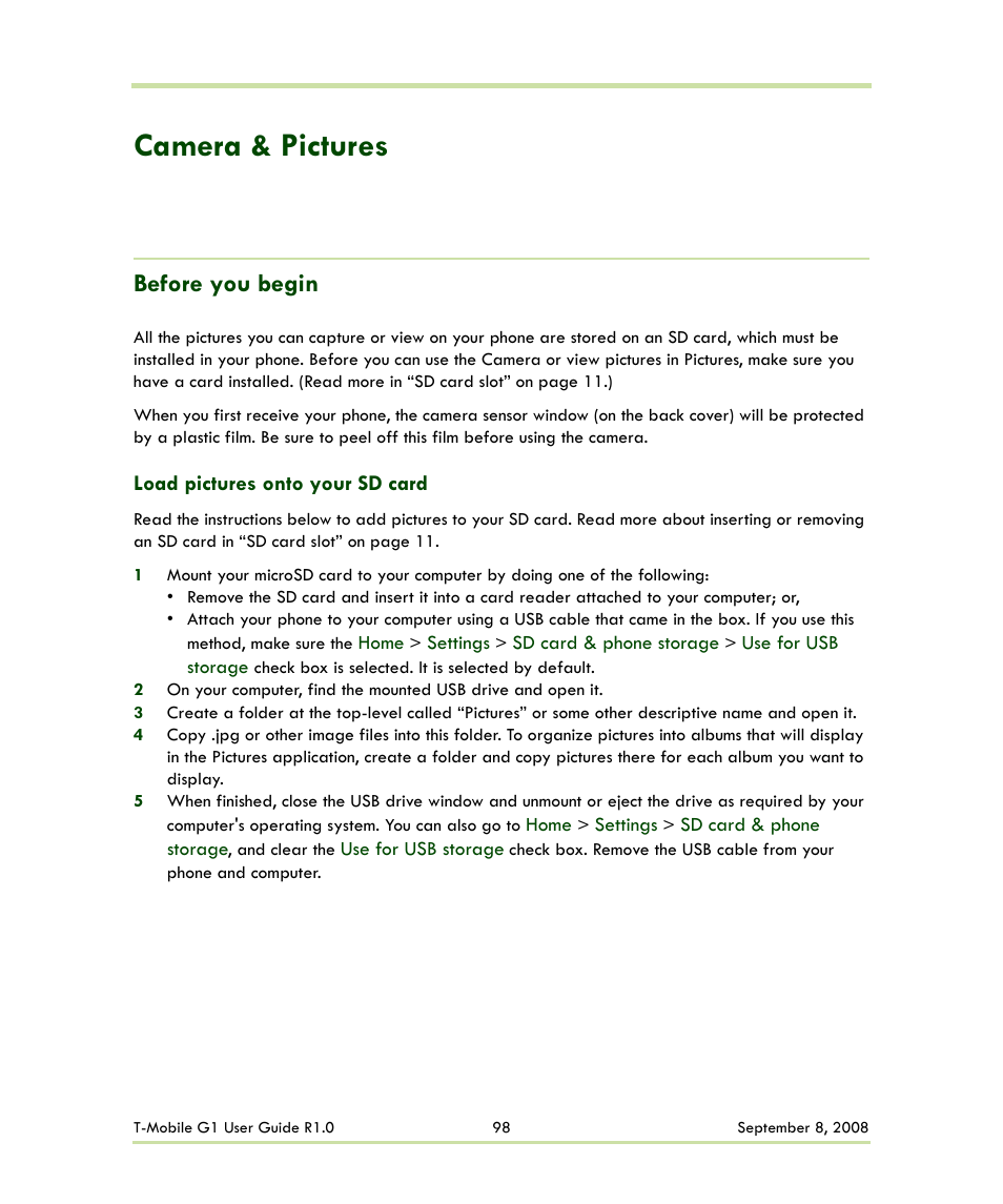 Camera & pictures, Before you begin, Load pictures onto your sd card | HTC G1 User Manual | Page 98 / 141