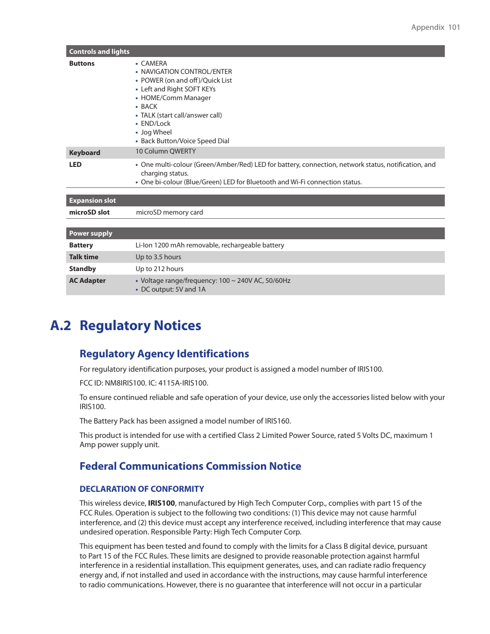 A.2 regulatory notices, Regulatory agency identifications, Federal communications commission notice | HTC IRIS100 User Manual | Page 101 / 114