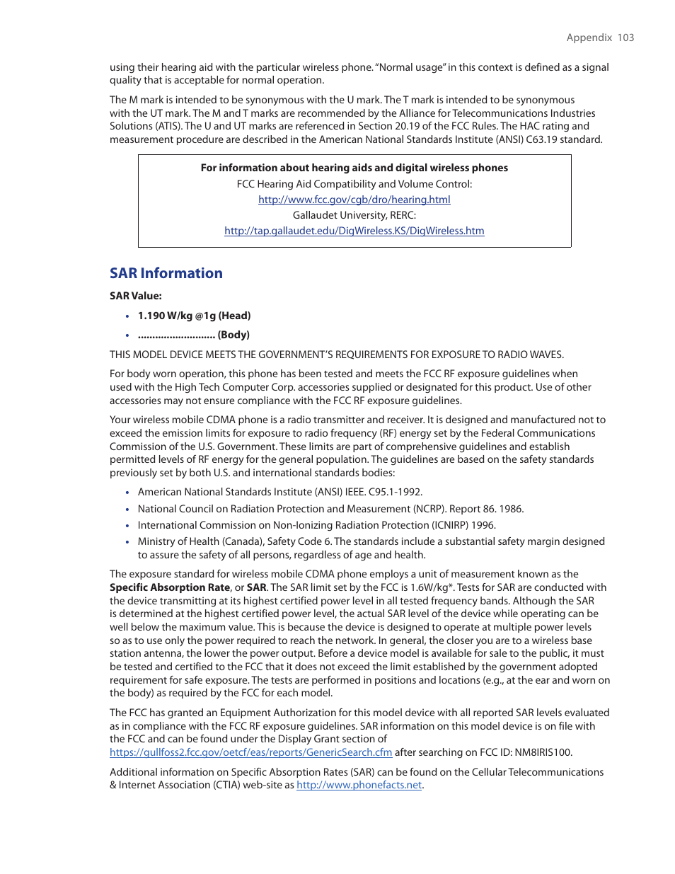 Sar information | HTC IRIS100 User Manual | Page 103 / 114