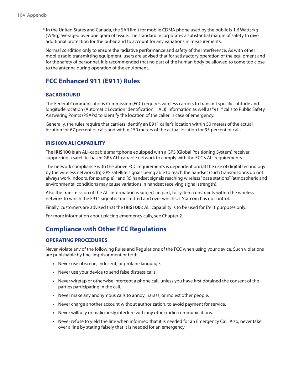 Compliance with other fcc regulations | HTC IRIS100 User Manual | Page 104 / 114