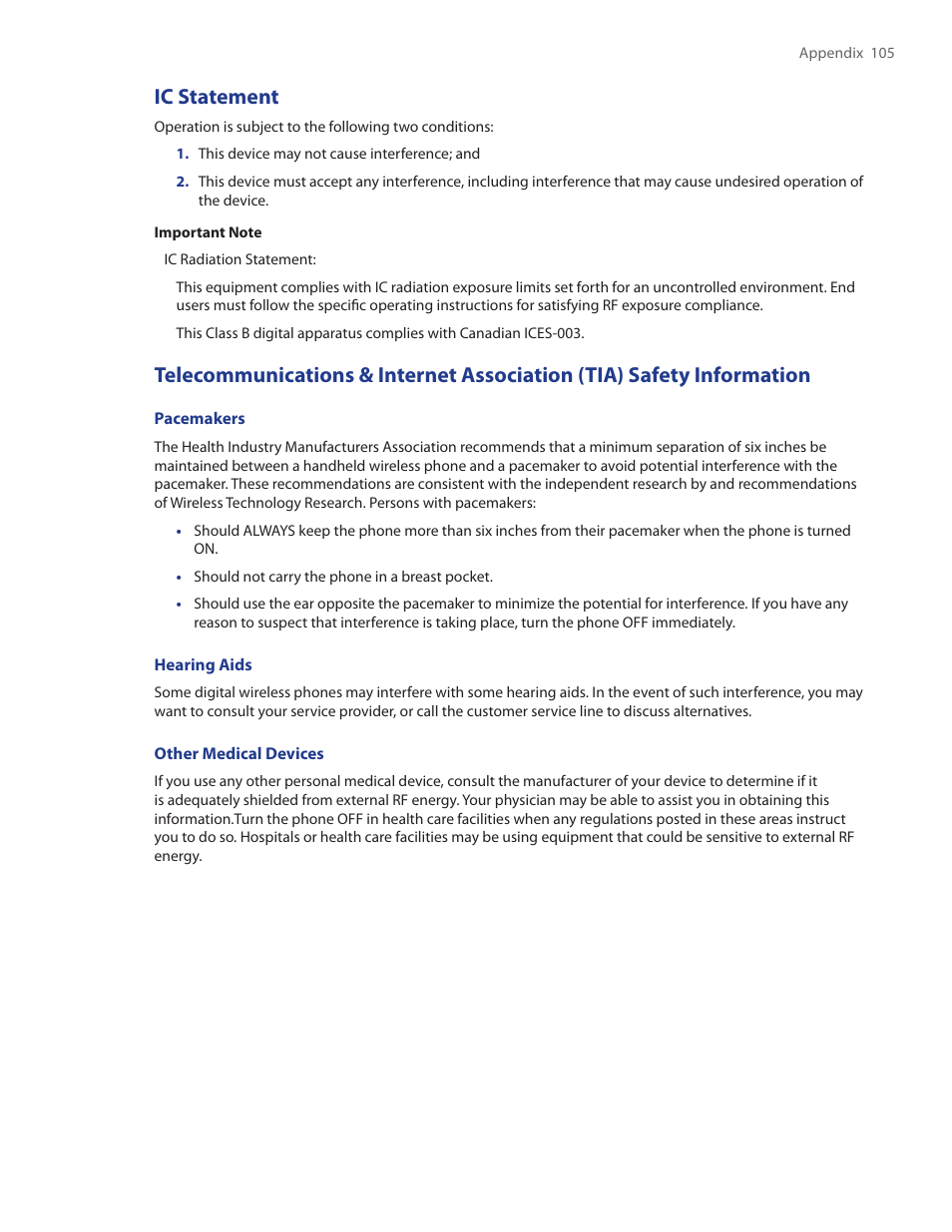 Ic statement | HTC IRIS100 User Manual | Page 105 / 114
