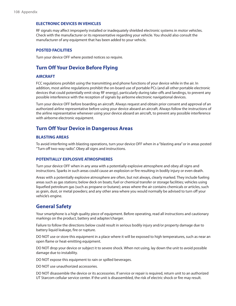 Turn off your device before flying, Turn off your device in dangerous areas, General safety | HTC IRIS100 User Manual | Page 108 / 114