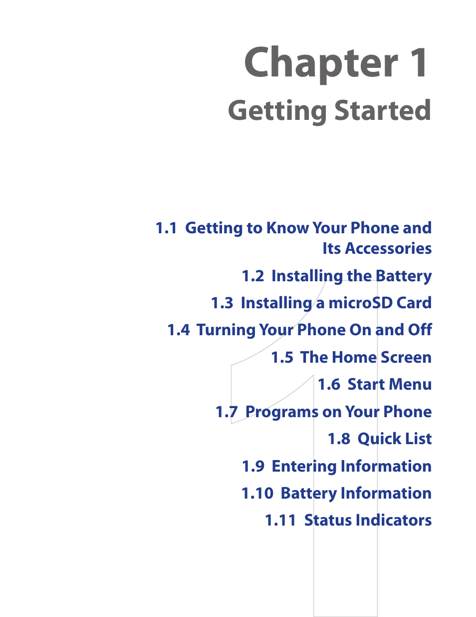 Chapter 1 getting started, Chapter 1, Getting started | HTC IRIS100 User Manual | Page 11 / 114