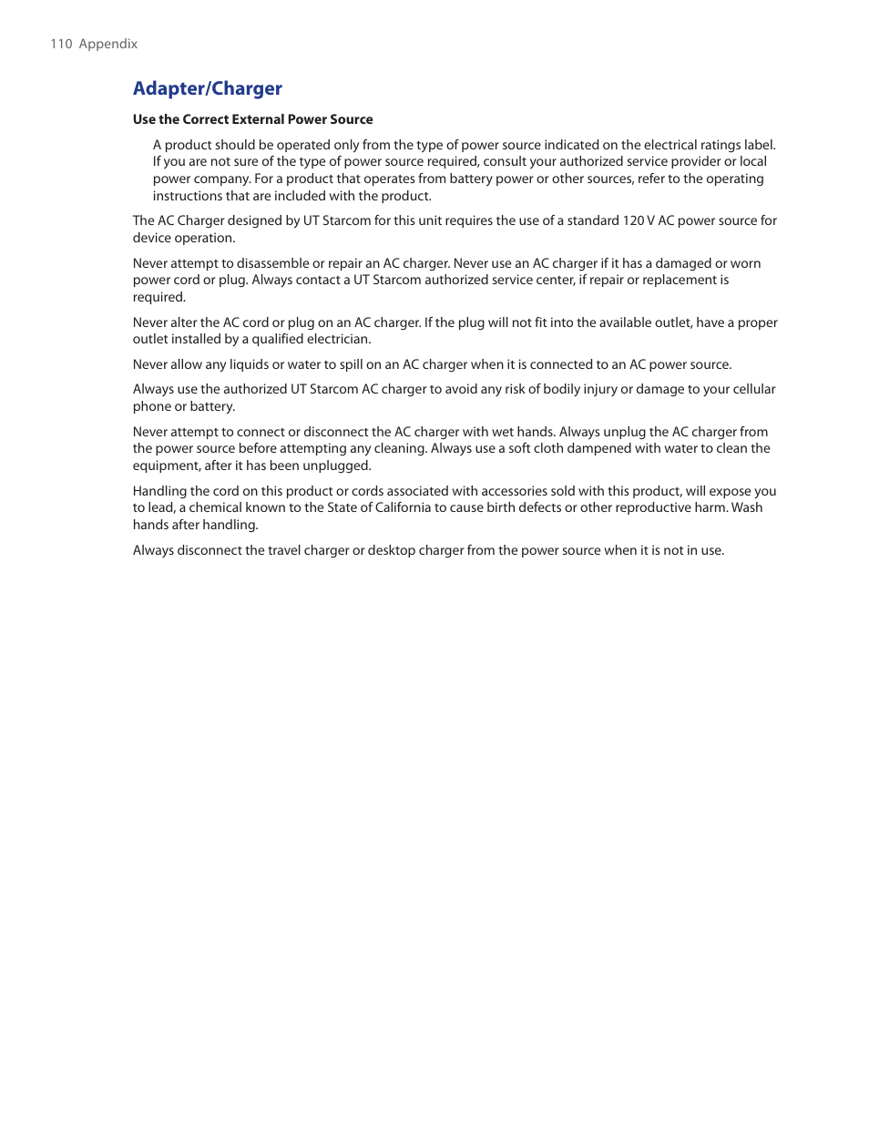 Adapter/charger | HTC IRIS100 User Manual | Page 110 / 114