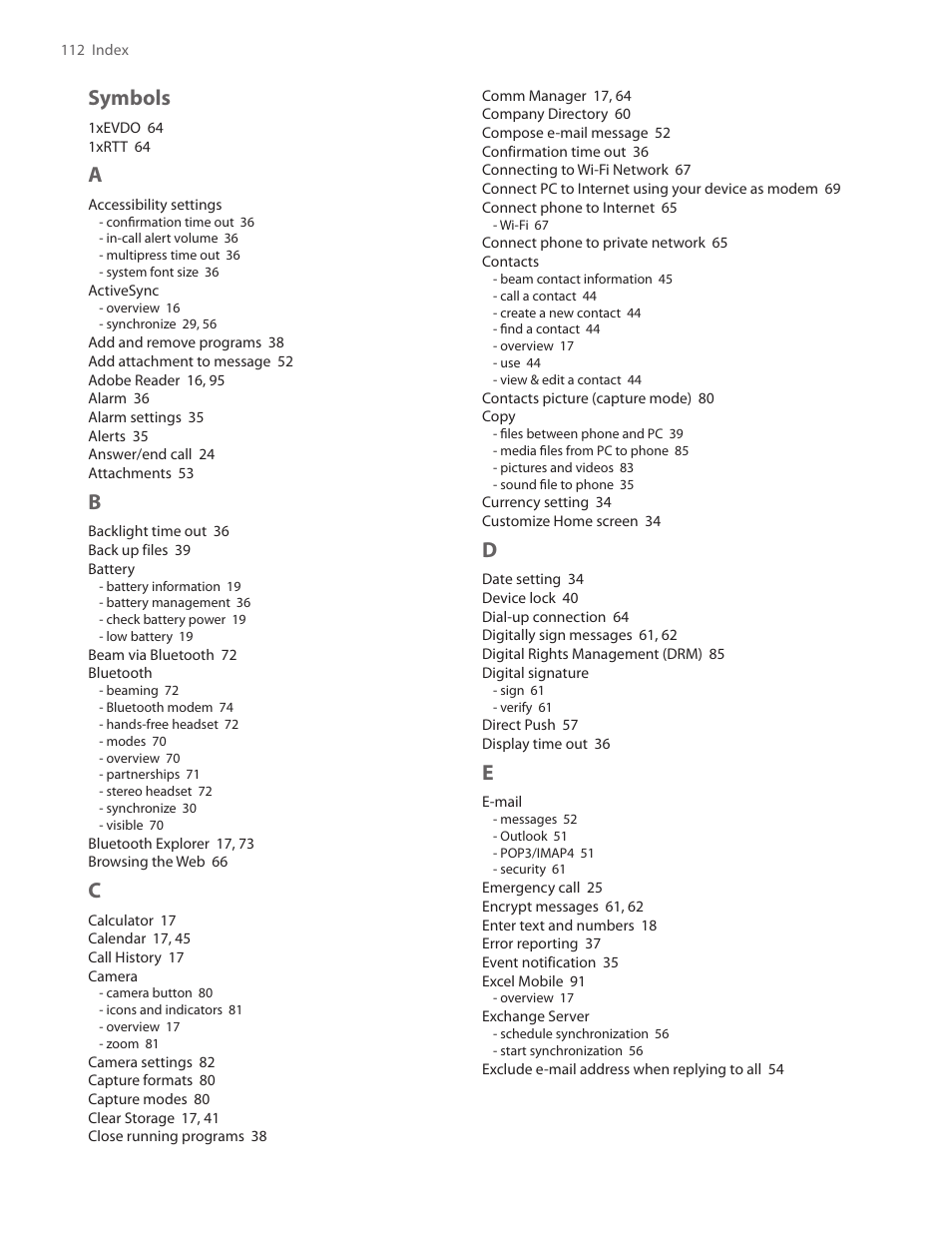 Symbols | HTC IRIS100 User Manual | Page 112 / 114