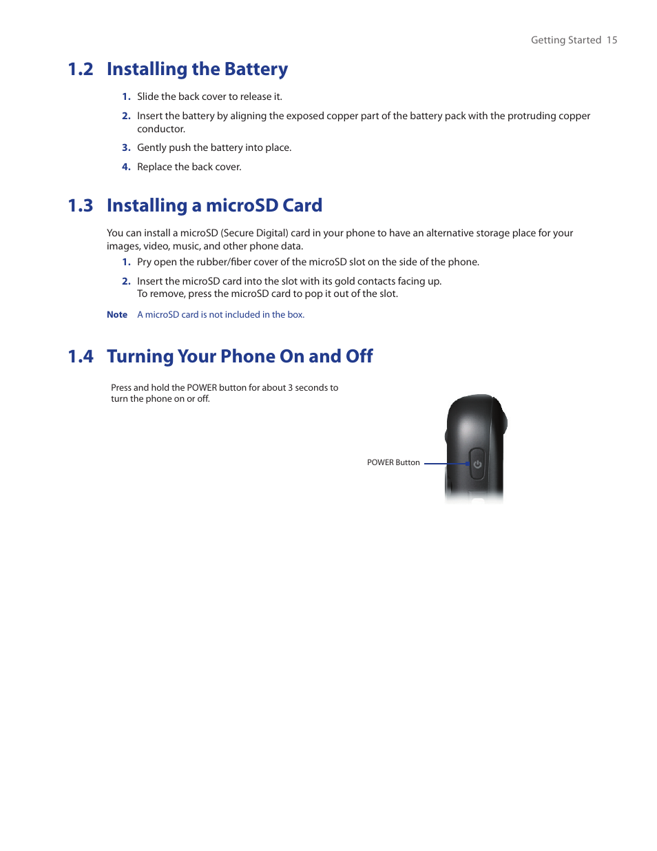 2 installing the battery, 3 installing a microsd card, 4 turning your phone on and off | HTC IRIS100 User Manual | Page 15 / 114