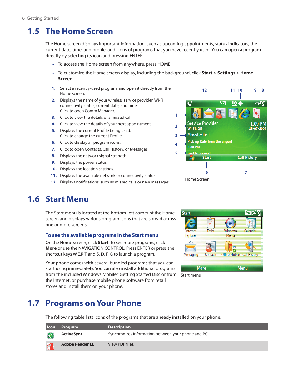 5 the home screen, 6 start menu, 7 programs on your phone | HTC IRIS100 User Manual | Page 16 / 114